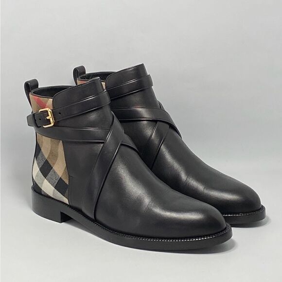 Burberry Pryle House Check & Leather Ankle Boots size 38 - Picture 4 of 11